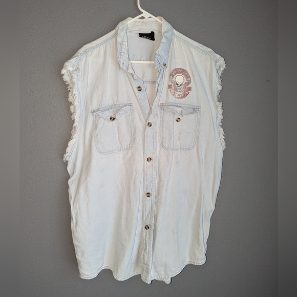 Vintage Milwaukee 105 Years Biker's Edge Cutoff Cotton Denim Shirt Size 2XL.